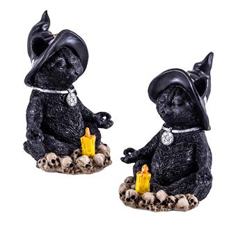Gato Bruxo zen com Vela e Caveiras – 14,5 cm