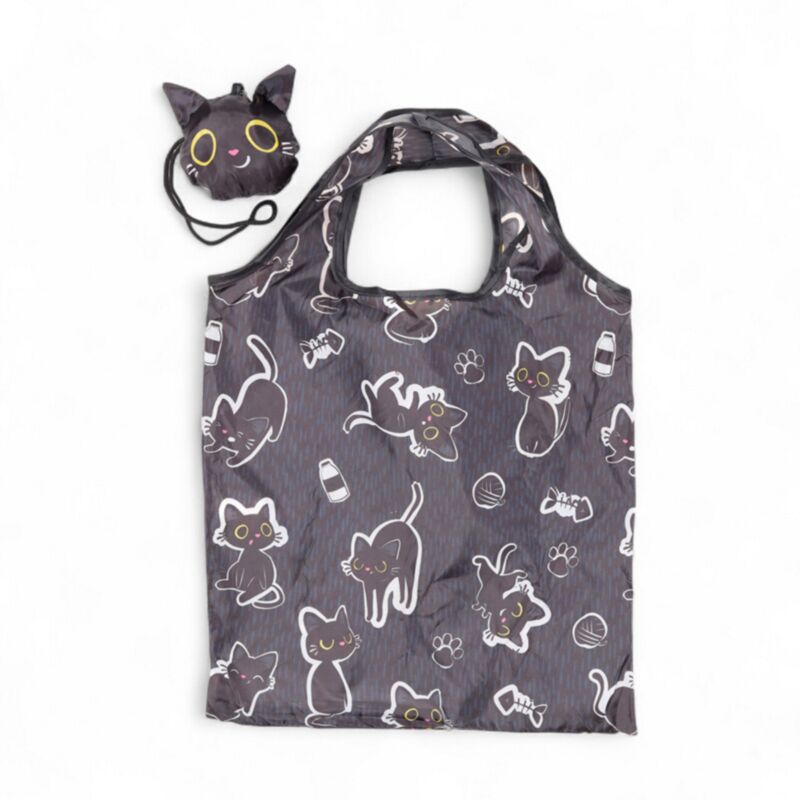 Saco de compras Lucky aberto com padrão de gatos pretos e bolsa de arrumação