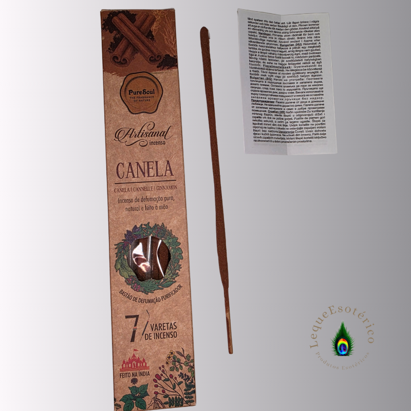 Embalagem alongada de incenso Pure Soul Canela com uma vareta ao lado