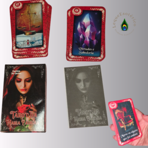 Apresentação do Tarot da Maria Padilha com cartas ilustradas, embalagem e livro explicativo