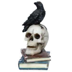 Corvo em pé sobre o crânio e ornamento de livros