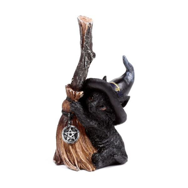 Gato preto bruxo com cabo de vassoura