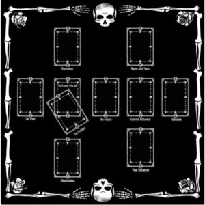 Toalha de Tarot Esquelética 75x75cm – Algodão Preto com Design Gótico