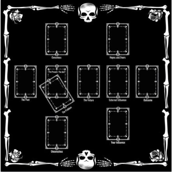 Toalha de Tarot Esquelética 75x75cm – Algodão Preto com Design Gótico