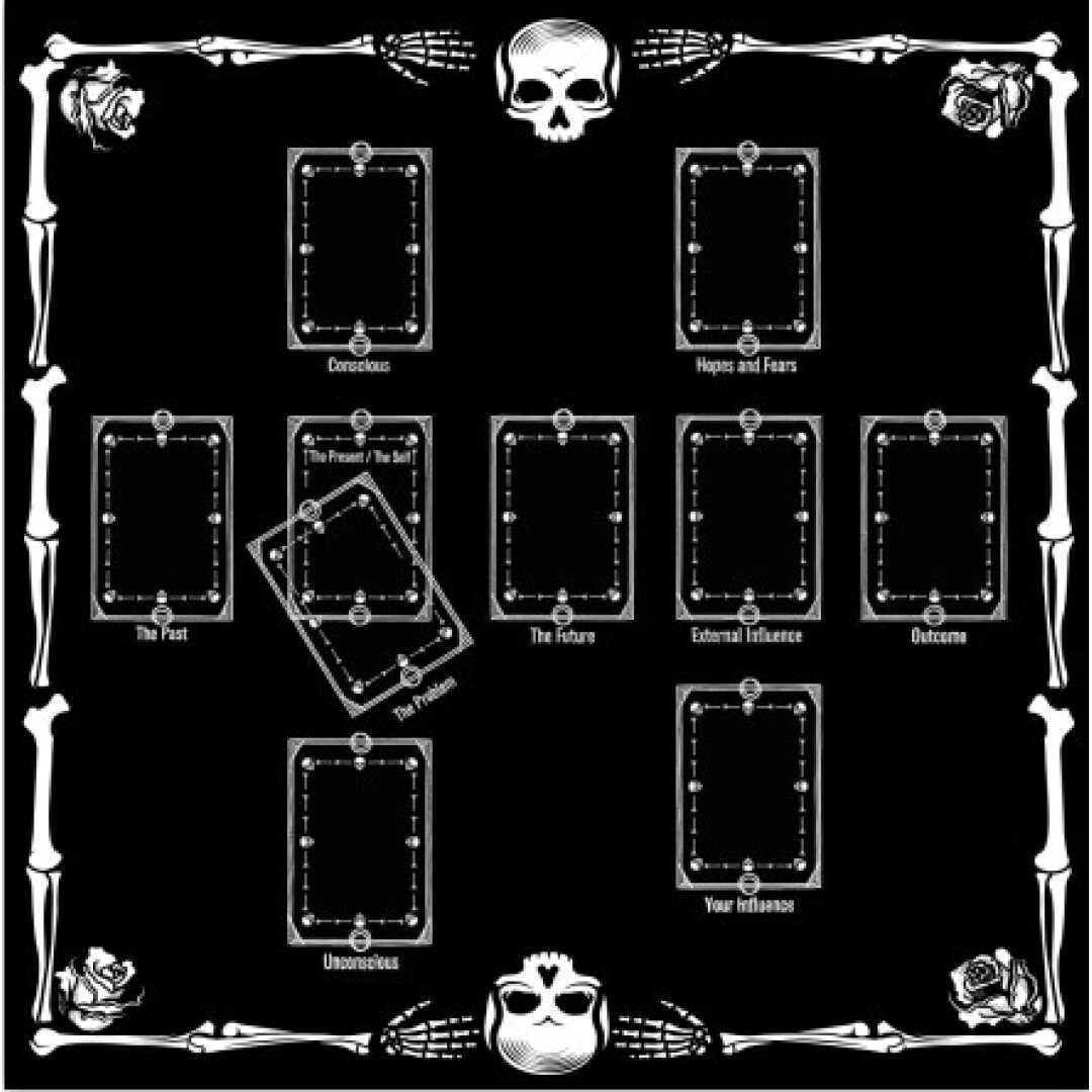 Toalha de Tarot Esquelética 75x75cm – Algodão Preto com Design Gótico