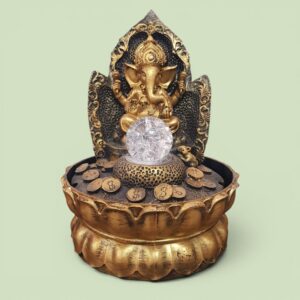 Fonte Decorativa Ganesha com Esfera LED e Moedas