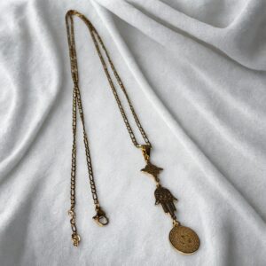 Colar com nó de bruxa Mão de Fátima, Medalha de São Bento – Aço Inoxidável Dourado