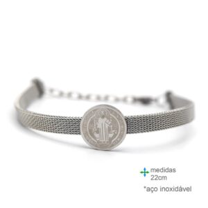 Pulseira em Aço Inoxidável com Medalha de São Bento