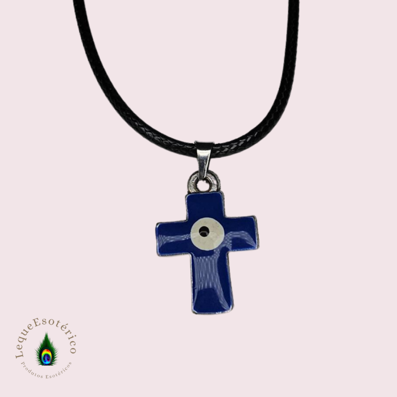 Pendente Cruz com Olho Grego Azul – 2,5 cm | Fio 40 cm