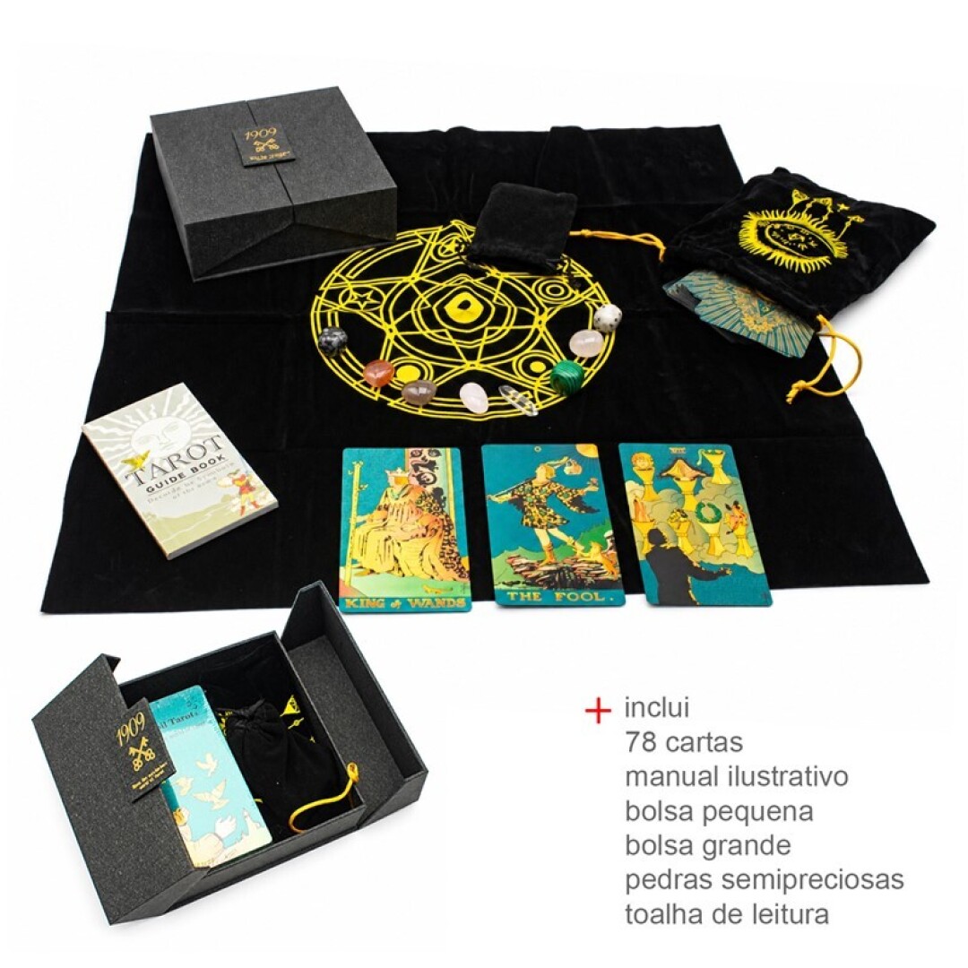 Kit de Tarot Completo 78 Cartas com Toalha, Pedras, Bolsas e Manual