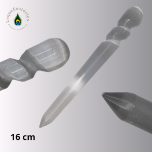 Bastão de selenite de 16 cm com uma ponta e extremidade arredondada esculpida