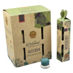 Embalagens de bombitas aromáticas de alecrim PureSoul e bombita sobre suporte