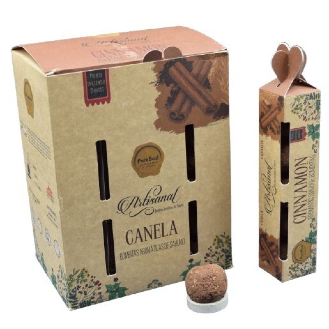 Embalagens de bombitas aromáticas de canela PureSoul e bombita sobre suporte