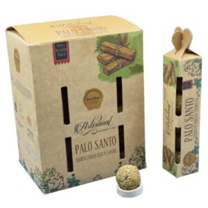 Embalagens de bombitas aromáticas de Palo Santo PureSoul e bombita sobre suporte