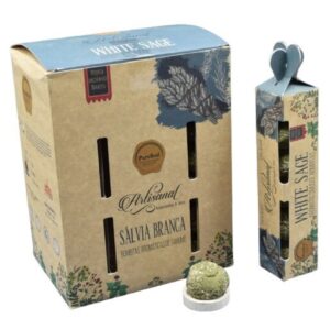 Bombitas aromáticas de sálvia branca PureSoul, embalagens e bombita sobre suporte