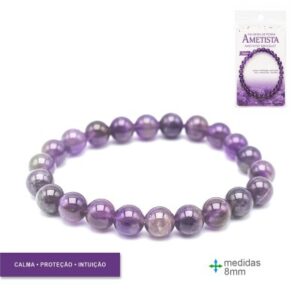 Pulseira de ametista com contas redondas de 8 mm e embalagem