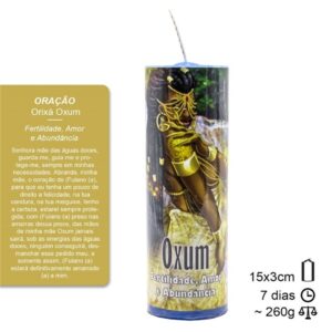 Vela dedicada a Oxum com oração, indicação de 15 por 3 cm e peso aproximado de 260 g